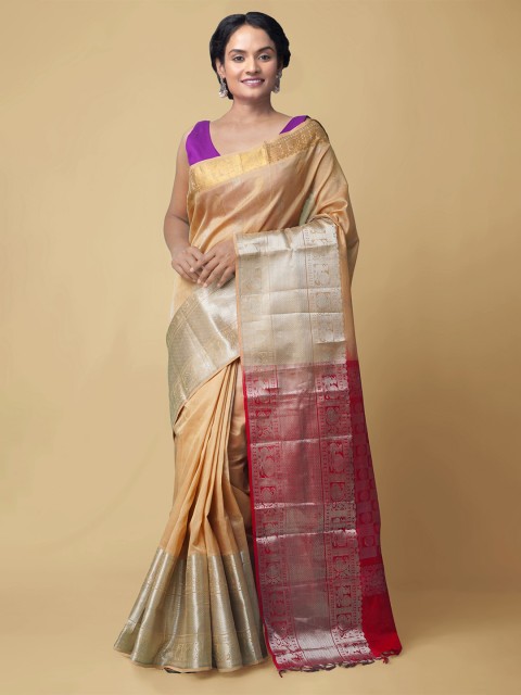 

Unnati Silks Beige & Red Woven Design Zari Silk Cotton Kanjeevaram Saree
