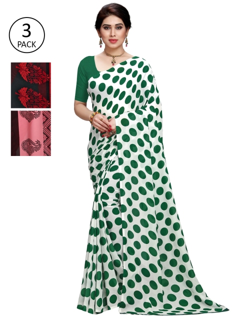 

KALINI Pack of 3 Poly Georgette Sarees, Red