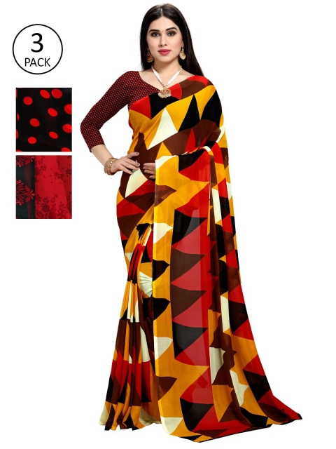 

KALINI Pack of 3 Poly Georgette Printed Sarees, Red