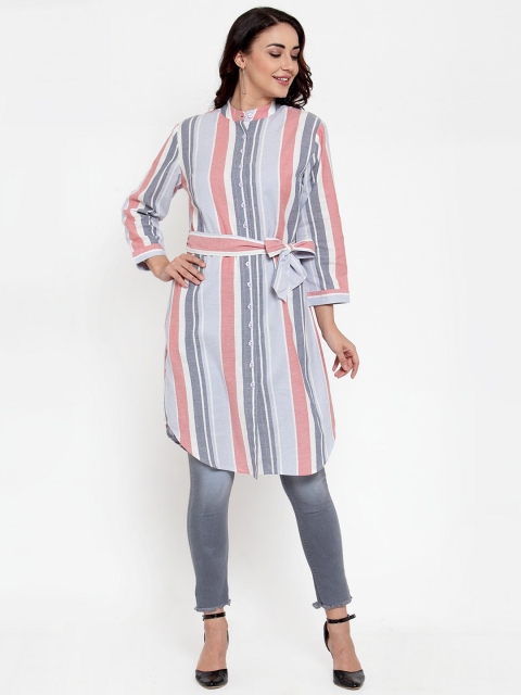 

Baani Creations Grey & Blue Shirt Collar Striped Tunic