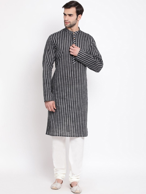 

VASTRAMAY Men's Black & Grey Striped Pure Cotton Handloom Kurta with Churidar