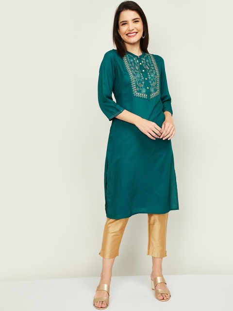 

Melange by Lifestyle Women Teal Green Ethnic Motifs Yoke Design Kurta