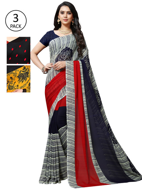 

KALINI Women Pack of 3 Printed Sarees, Black