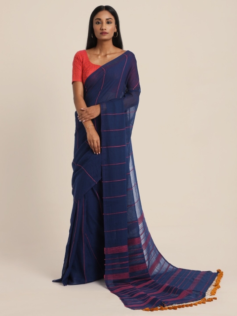 

Suta Navy Blue & Pink Striped Pure Cotton Saree
