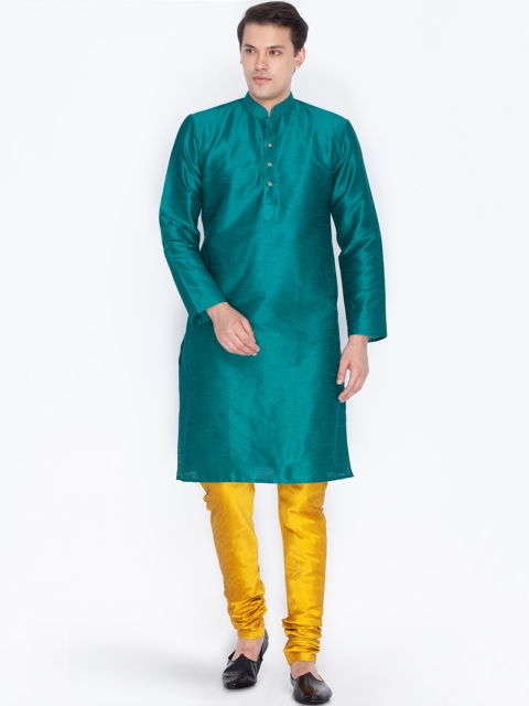 

VASTRAMAY Men Green And Yellow Kurta with Churidar