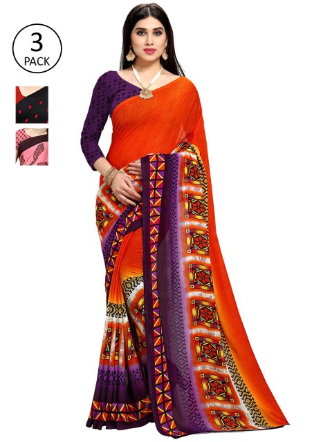 

KALINI Orange & Pink Pack of 3 Printed Saree