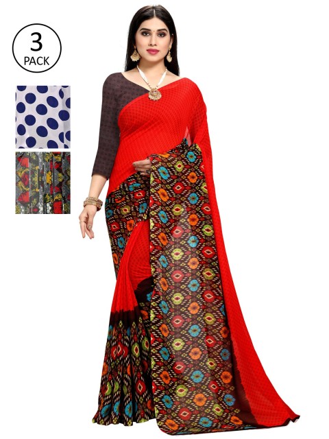 

KALINI Women Pack of 3 Printed Poly Georgette Sarees, White