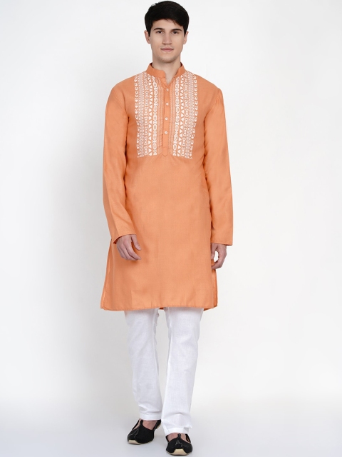 

Baawara By Bhama Men Peach & White Yoke Design Pure Cotton Kurta Set