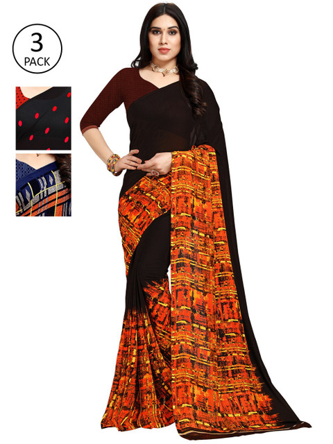 

KALINI Pack of 3 Poly Georgette Printed Sarees, Red