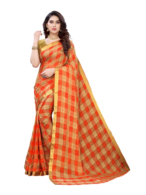 

KALINI Orange & Golden Checked Pure Chiffon Saree