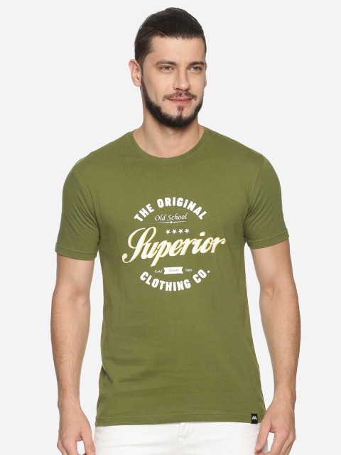 

MASH UNLIMITED Men Olive Green Typography Printed Applique Slim Fit T-shirt