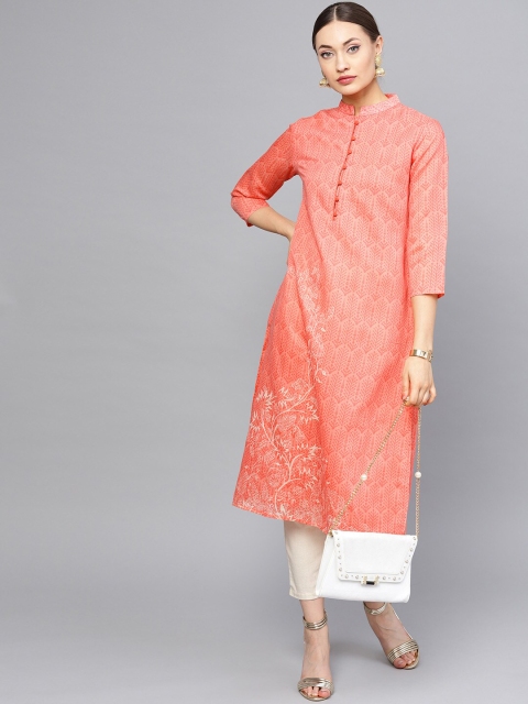

RARE Women Coral Pink Ethnic Motifs Printed Thread Work Chanderi Silk Chanderi Silk Kurta