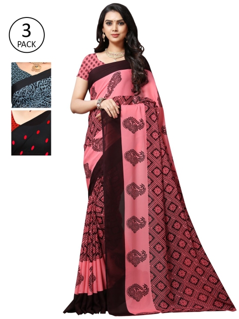 

KALINI Pack of 3 Poly Georgette Printed Sarees, Pink