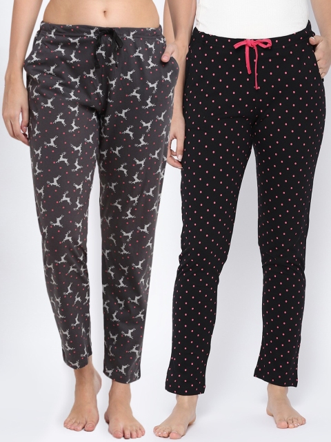 

Kanvin Women Pack Of 2 Printed Pure Cotton Lounge Pants, Charcoal