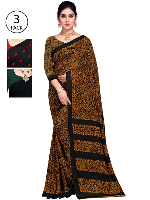 

KALINI Pack Of 3 Printed Sarees, Khaki