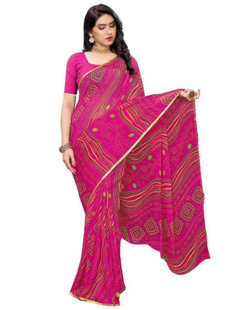 

KALINI Pink & Green Bandhani Pure Chiffon Saree