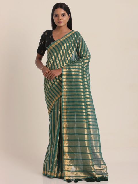 

Suta Green & Gold-Toned Striped Zari Linen Blend Saree