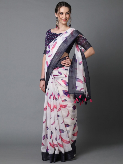 

Mitera White & Black Floral Linen Blend Saree