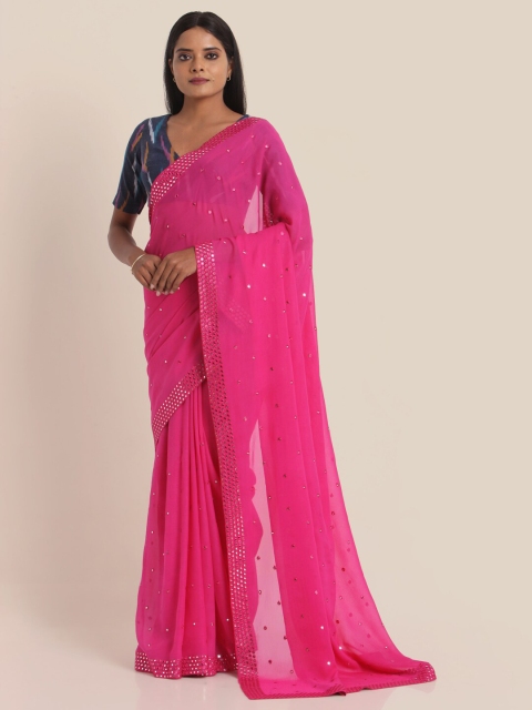 

Suta Pink & Navy Blue Embellished Mirror Work Viscose Rayon Saree