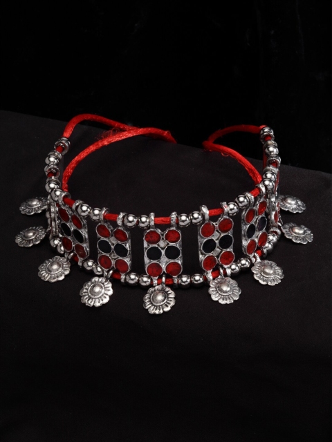 

PANASH Silver-Toned & Red Silver-Plated Oxidised Necklace