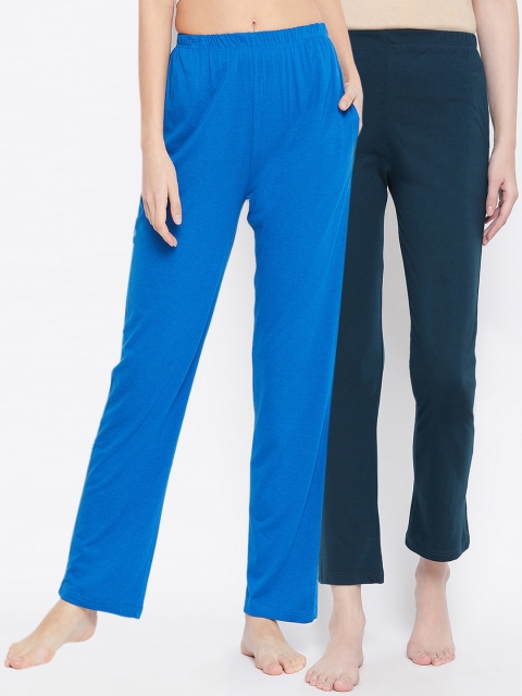 

Clovia Women Pack of 2 Blue Solid Cotton Lounge Pants, Navy blue