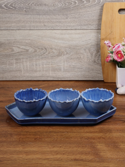 

Aapno Rajasthan Set Of 4 Blue Ceremic Bowls & Plater Serveware