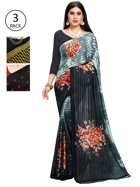

KALINI Pack of 3 Poly Georgette Printed Sarees, Mustard