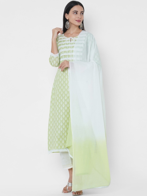 

FASHOR Women Green Printed Panelled Pure Cotton Kurta with Trousers & With Dupatta