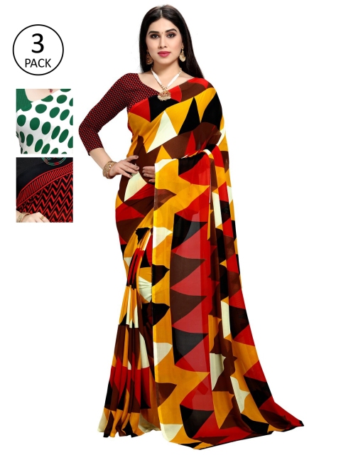 

KALINI Women Pack of 3 Printed Poly Georgette Sarees, Green