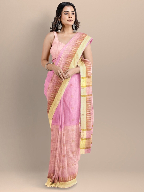 

BharatSthali Pink & Gold-Toned Woven Design Silk Cotton Mangalagiri Saree
