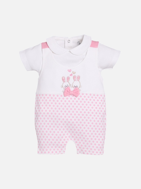 

BABY GO Infant Girls Pink & White Printed Pure Cotton Rompers With Top