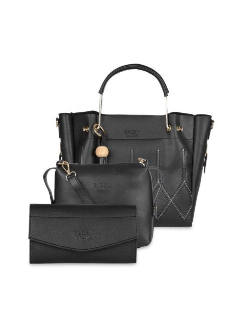 

Bagsy Malone Black Set of 3 PU Structured Tote Bag with Cut Work