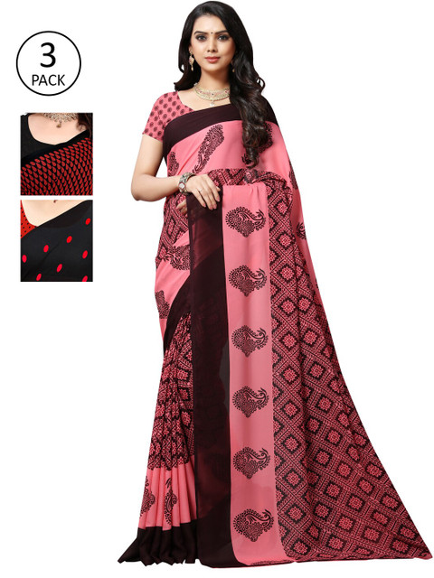 

KALINI Pack of 3 Poly Georgette Printed Sarees, Red