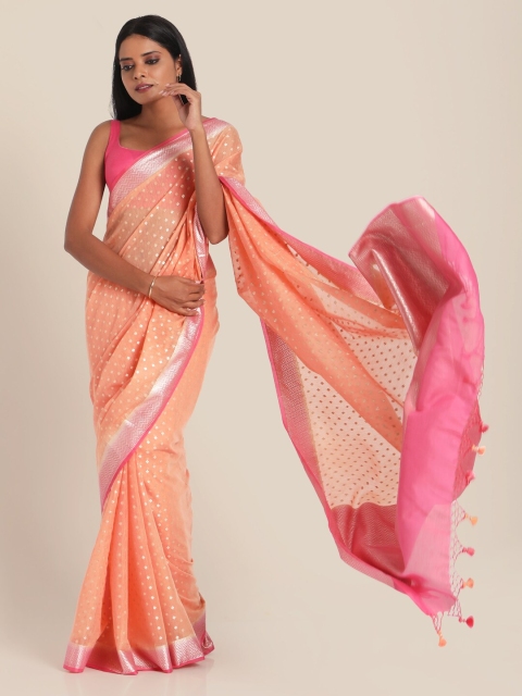 

Suta Peach & Silver-Toned Ethnic Motifs Zari Tissue Silk Saree