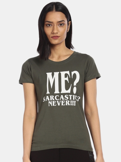 

Sugr Women Olive Typography Printed Extended Sleeves Raw Edge T-shirt