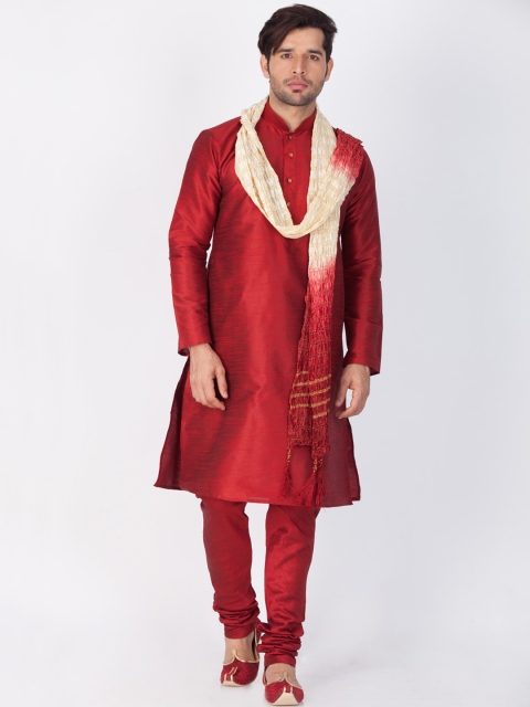 

VASTRAMAY Men Maroon Layered Kurta with Pyjamas & With Dupatta