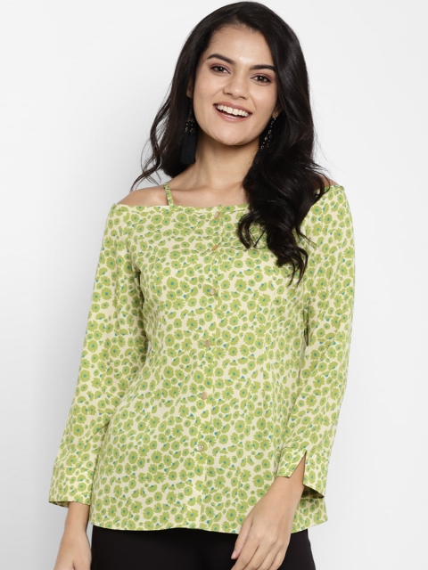 DEEBACO Women Green Ditsy Floral Off Shoulder Shirt