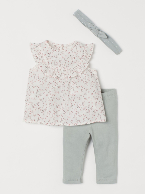 

H&M Infants White & Turquoise Blue Printed Cotton Top & Leggings with Hairband