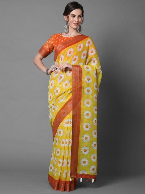 

Mitera Yellow & White Floral Linen Blend Saree