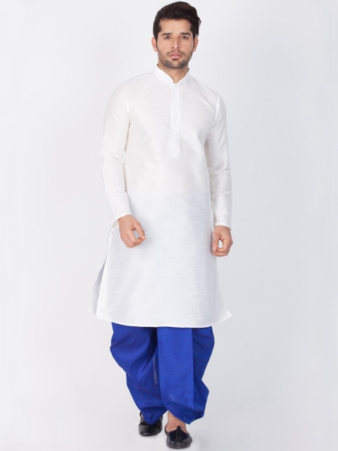 VASTRAMAY Men's White Silk Blend Kurta with Dhoti Pants