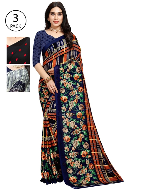 

KALINI Pack of 3 Poly Georgette Printed Sarees, Grey