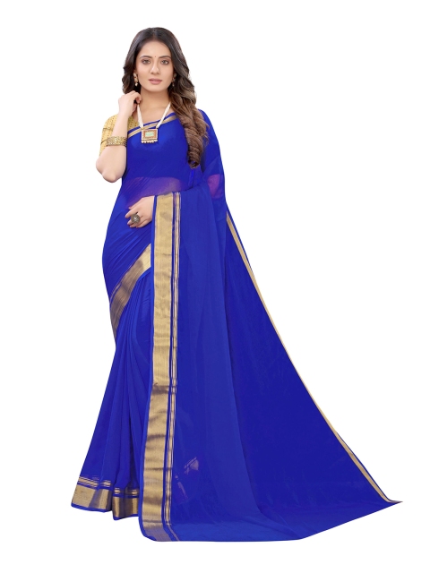 

KALINI Blue & Golden Striped Zari Pure Chiffon Saree