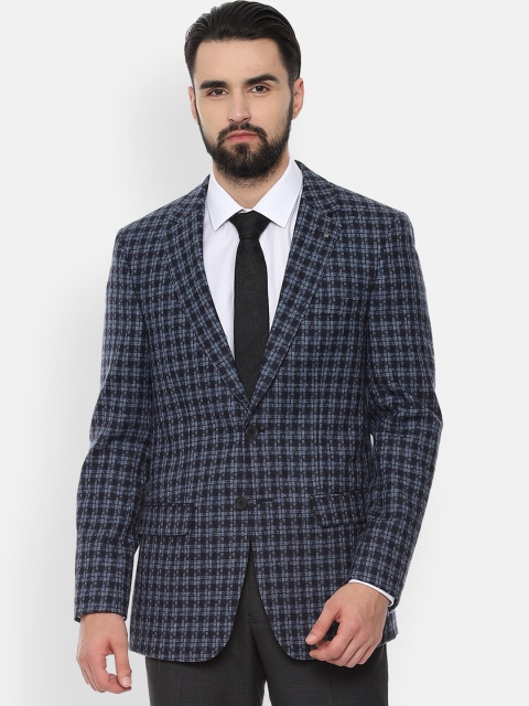 

Louis Philippe Men Navy Blue Checked Pure Wool Single-Breasted Formal Blazer
