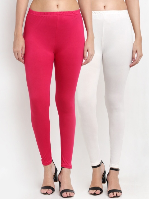 

NEUDIS Women Pack Of 2 Magenta & White Solid Ankle Length Leggings