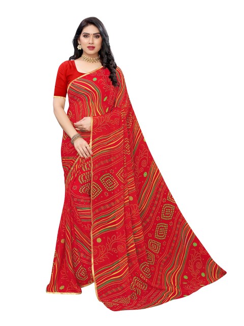 

KALINI Red & Green Bandhani Pure Chiffon Saree