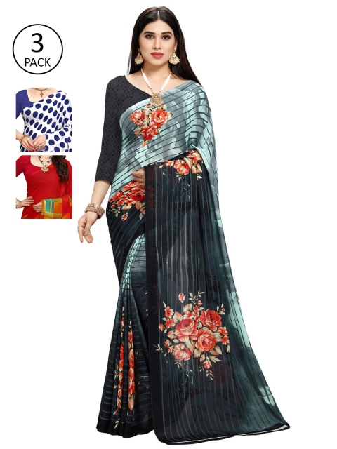 

KALINI Pack Of 3 Poly Georgette Printed Sarees, White