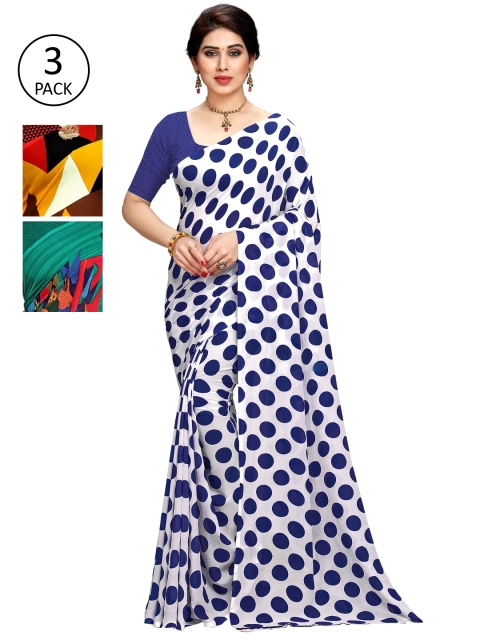 

KALINI Pack Of 3 Poly Georgette Printed Sarees, White