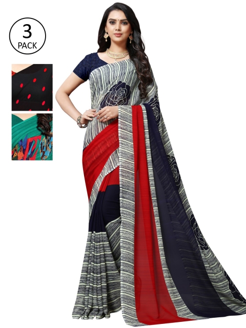 KALINI Women Pack of 3 Printed Sarees, Red