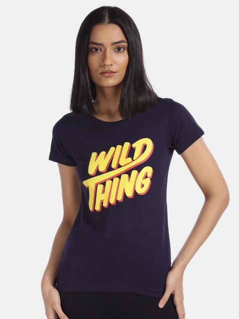 

Sugr Women Navy Blue & Yellow Typography Printed Cotton T-shirt