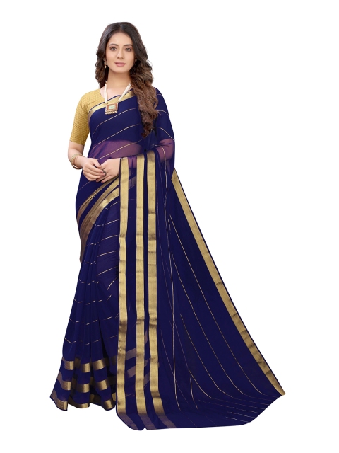 

KALINI Navy Blue & Golden Striped Zari Pure Chiffon Saree